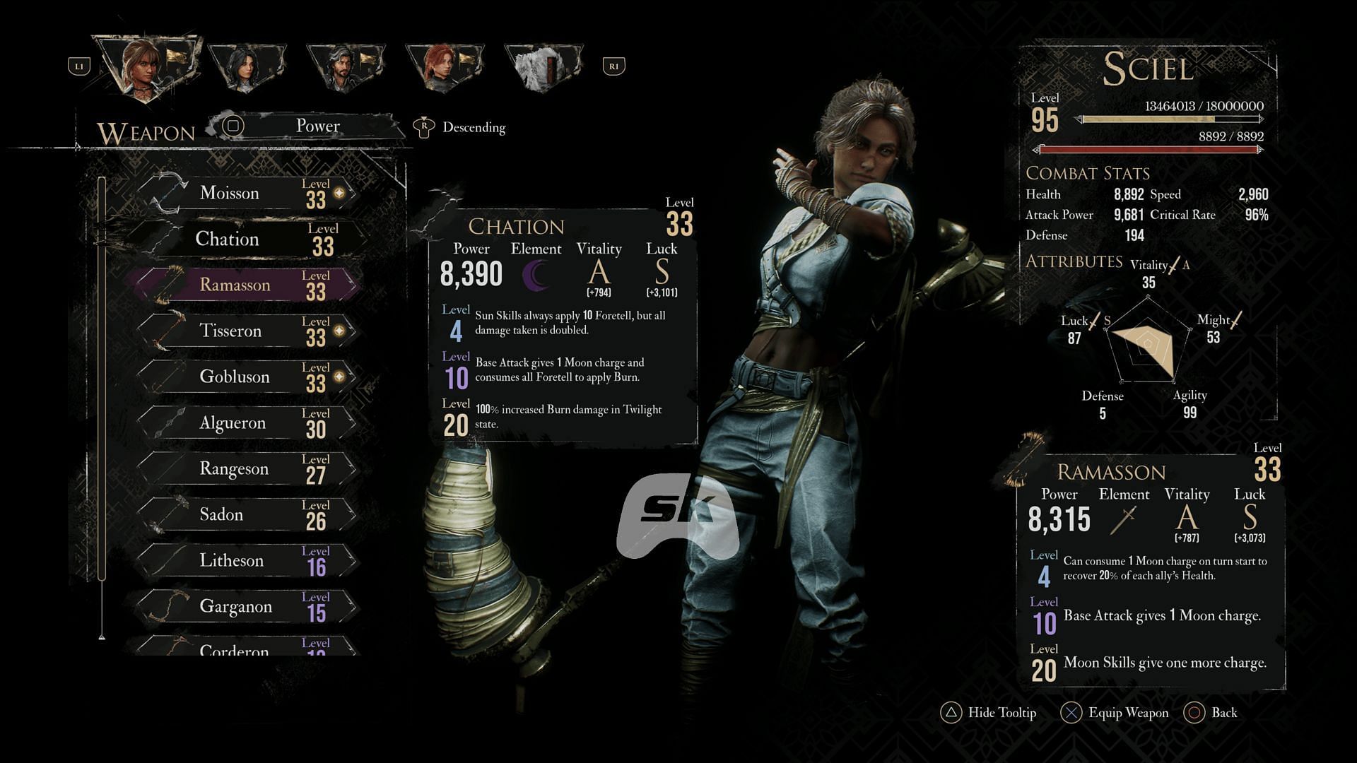 Chation is one of the best weapons for Sciel in Clair Obscur: Expedition 33 (Image via Sportskeeda Gaming || Kepler Interactive)